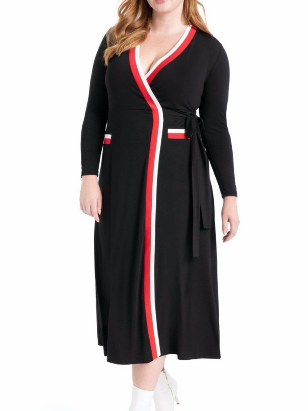 Eloquii Black Long Wrap Dress with Red and White Trim